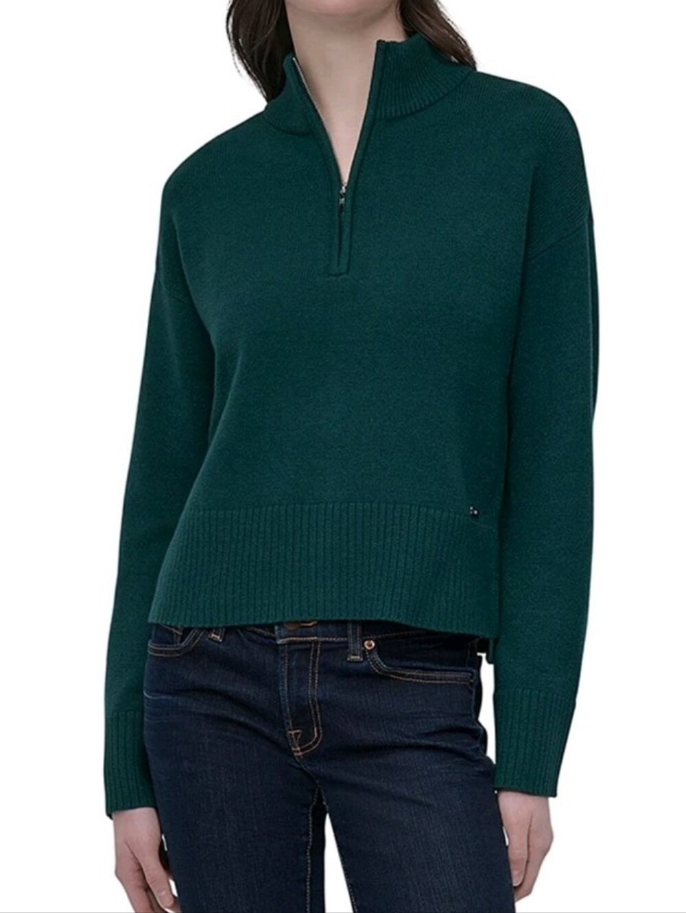 DKNY Women’s Quarter Zip Forest Green Sweater Ribbed Sleeve Cuffs And Hem Medium